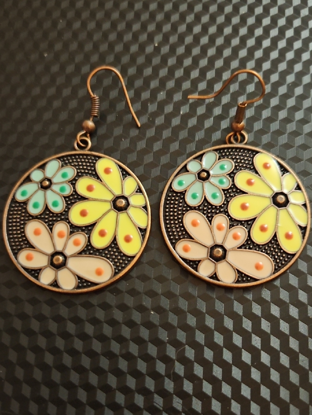 Floral Enamel Drop Earrings - Yellow, Green, Cream